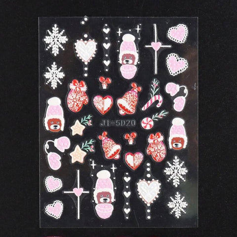 Feuille d'autocollant pour les ongles ours brun tuque rose mitaine rouge.