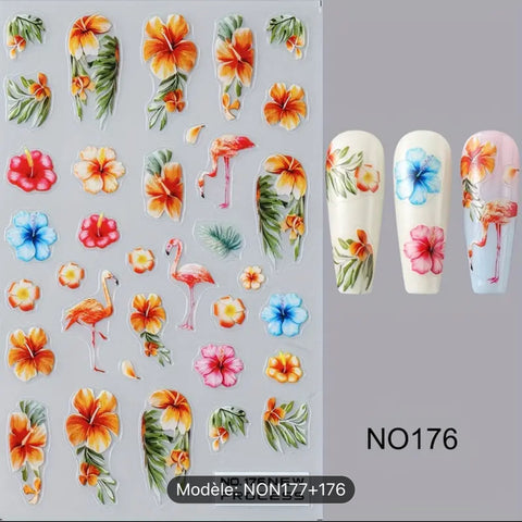 Autocollant pour les ongles fleurs orange et flamant rose