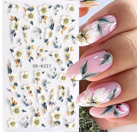 Autocollant pour ongles 5D fleurs blanche et bleu